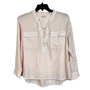 MADEWELL Terrace Lace-Up Shirt Vera Stripe Women's‎ Large White Red Cotton G4897